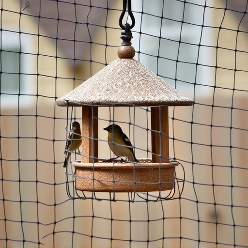 Bird feeder surrounded by wire mesh
