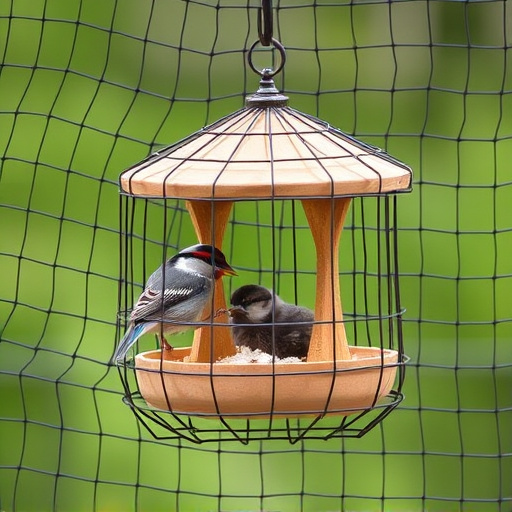Bird feeder surrounded by wire mesh