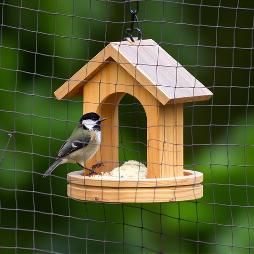Bird feeder surrounded by wire mesh