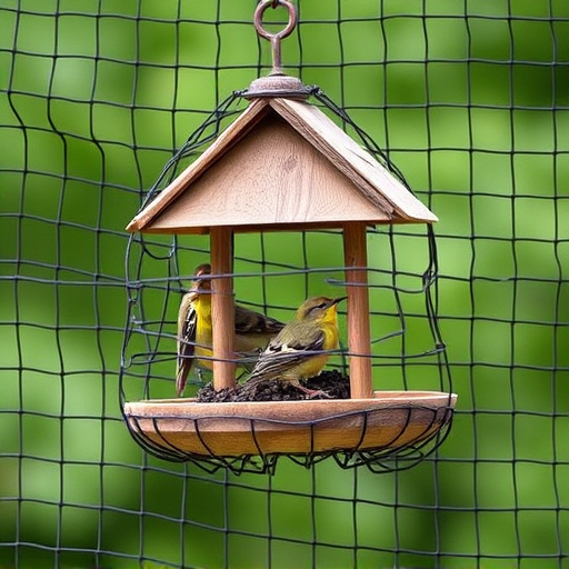 Bird feeder surrounded by wire mesh