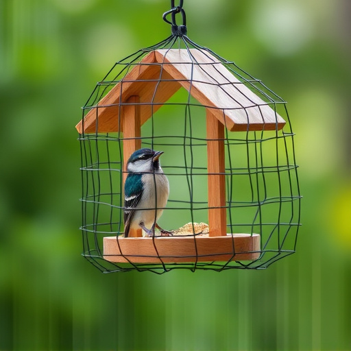 Bird feeder surrounded by wire mesh