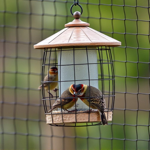 Bird feeder surrounded by wire mesh