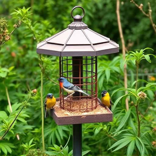 Bird feeding station surrounded by greenery