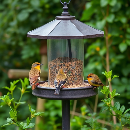 Bird feeding station surrounded by greenery