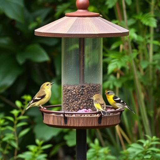 Bird feeding station surrounded by greenery