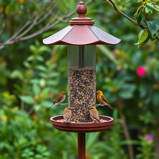 Bird feeding station surrounded by greenery