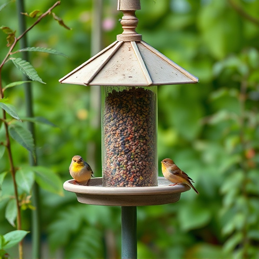 Bird feeding station surrounded by greenery