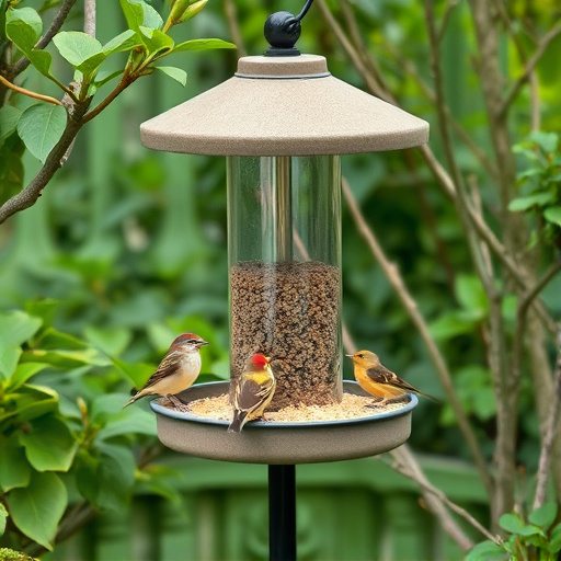Bird feeding station surrounded by greenery