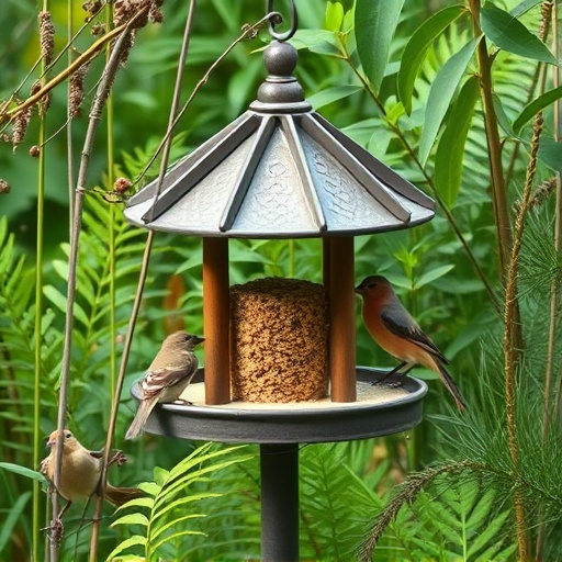 Bird feeding station surrounded by greenery