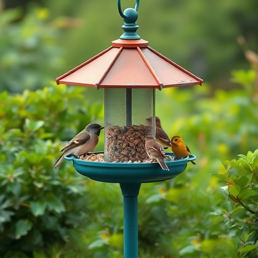 Bird feeding station surrounded by greenery