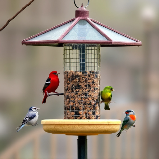 Bird feeding station with roof cover
