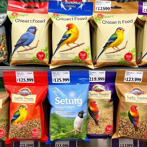 Bird food packets with price labels
