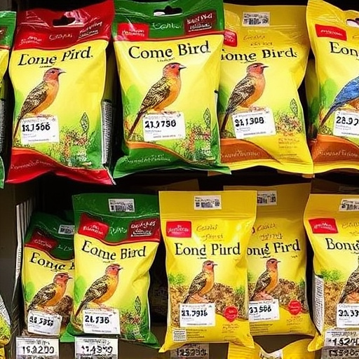 Bird food packets with price labels