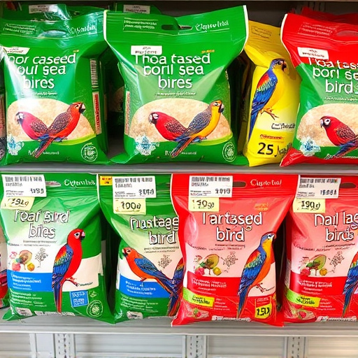 Bird food packets with price labels