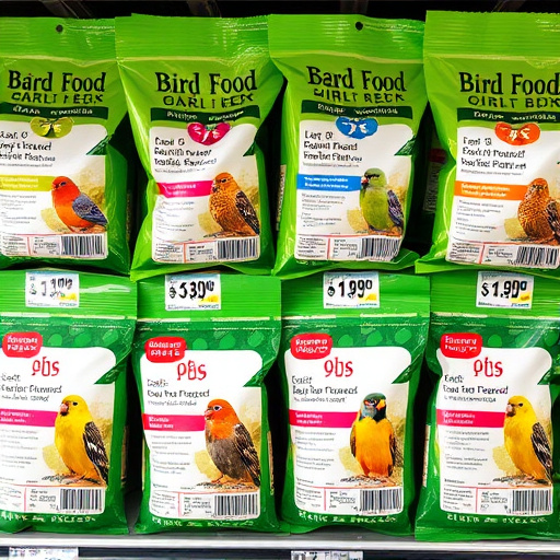 Bird food packets with price labels