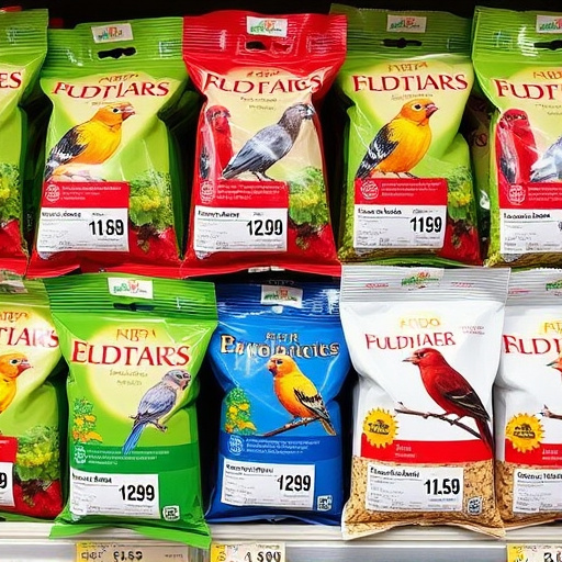 Bird food packets with price labels