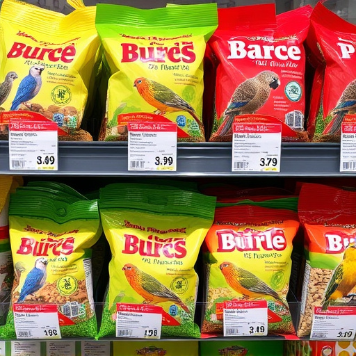 Bird food packets with price labels