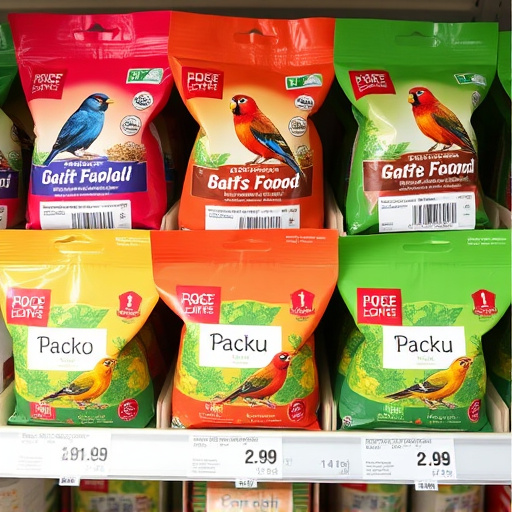 Bird food packets with price labels