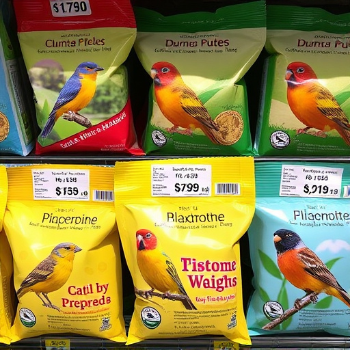 Bird food packets with price labels