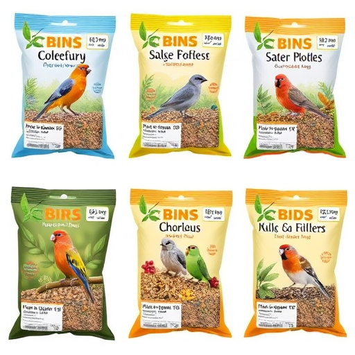 Bird food packets with price labels