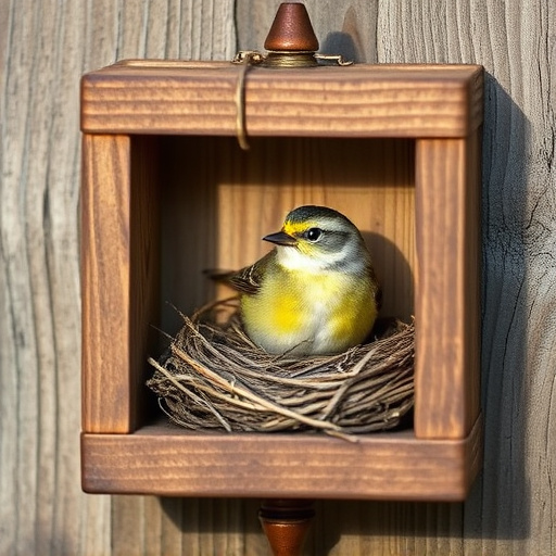 Bird nesting inside cozy wooden box