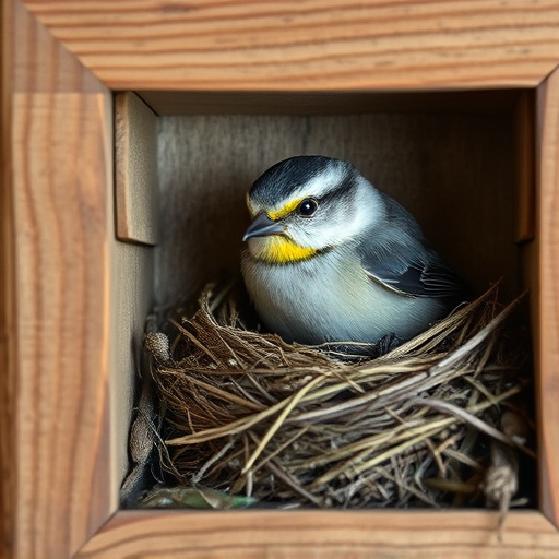 Bird nesting inside cozy wooden box