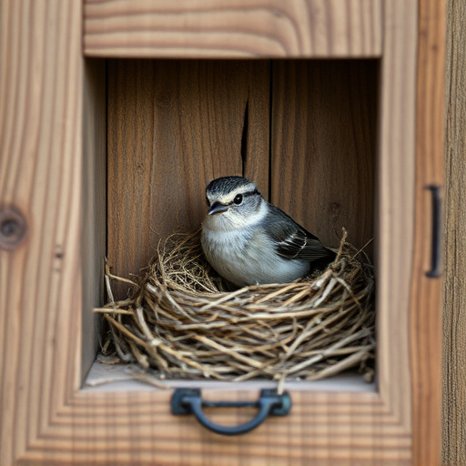 Bird nesting inside cozy wooden box