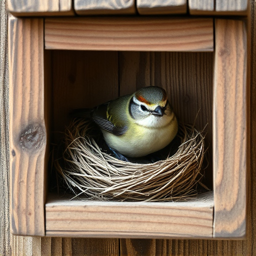 Bird nesting inside cozy wooden box
