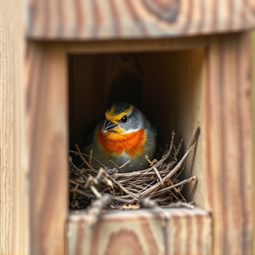 Bird nesting inside cozy wooden box