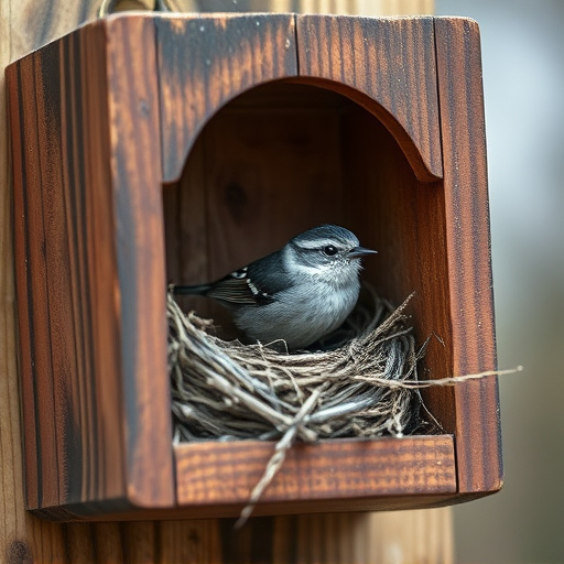 Bird nesting inside cozy wooden box