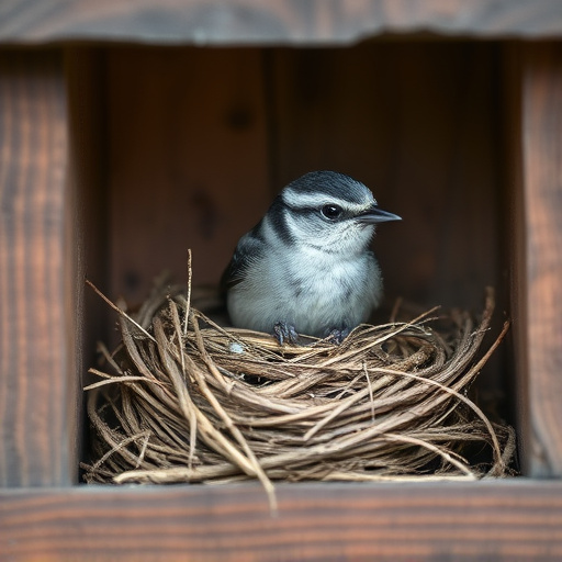 Bird nesting inside cozy wooden box