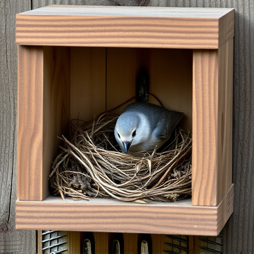 Bird nesting inside cozy wooden box