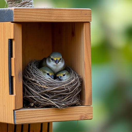Bird nesting inside cozy wooden box