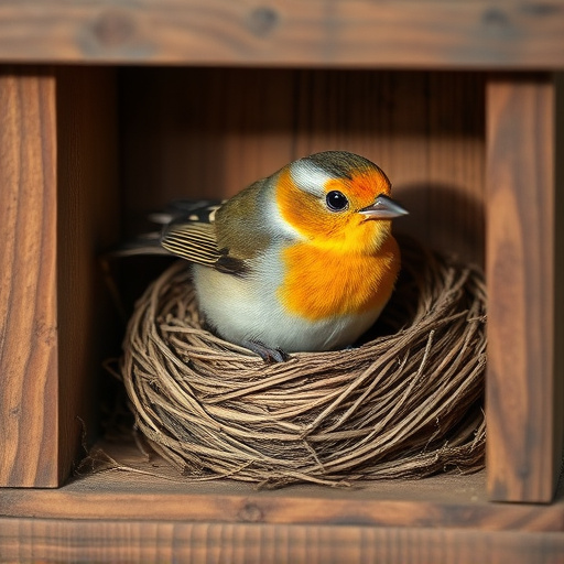 Bird nesting inside cozy wooden box