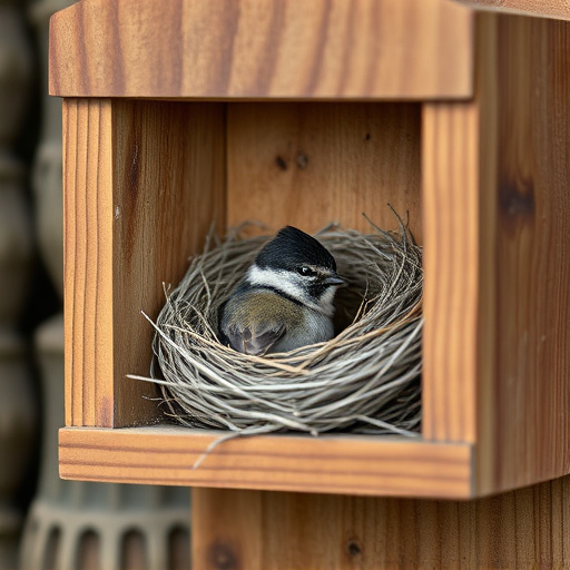 Bird nesting inside cozy wooden box