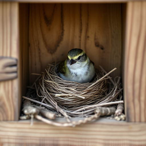 Bird nesting inside cozy wooden box