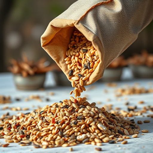 Bird seed being poured from sack