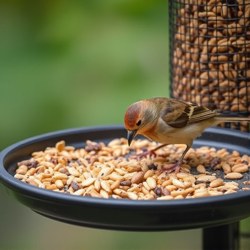 Bird seed scattered on feeder tray