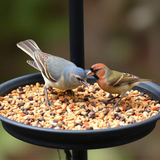 Bird seed scattered on feeder tray