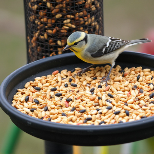 Bird seed scattered on feeder tray
