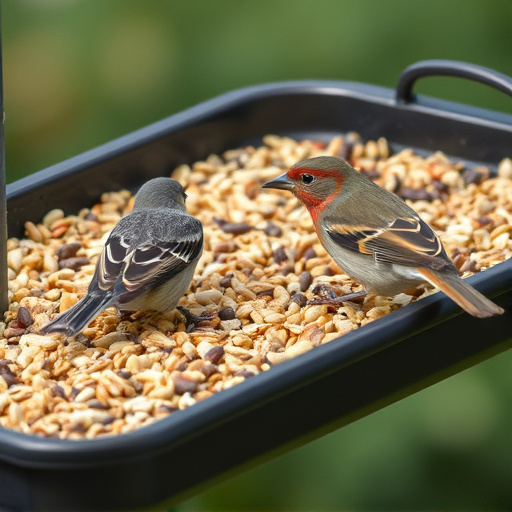 Bird seed scattered on feeder tray