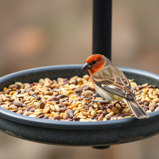 Bird seed scattered on feeder tray