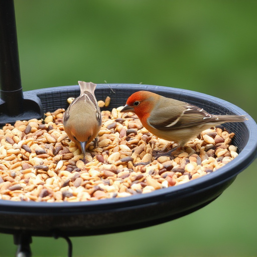 Bird seed scattered on feeder tray
