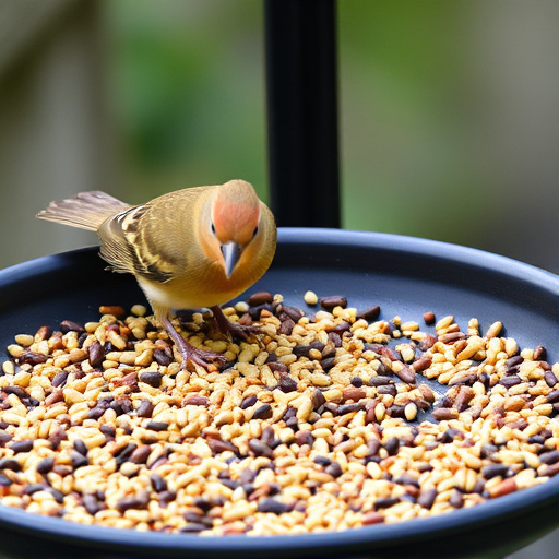 Bird seed scattered on feeder tray