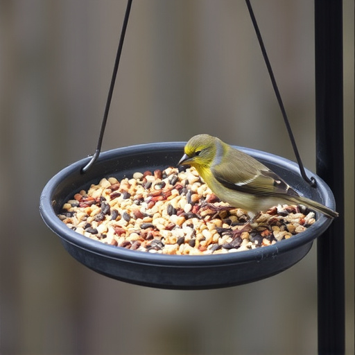 Bird seed scattered on feeder tray