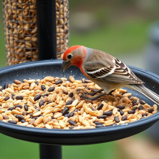 Bird seed scattered on feeder tray