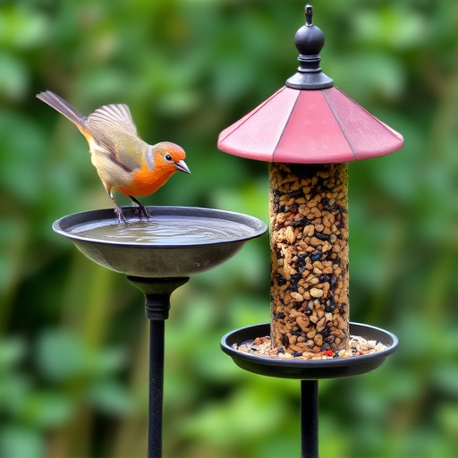 Birdbath beside feeder with seed mix