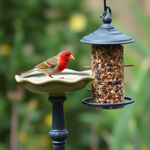 Birdbath beside feeder with seed mix