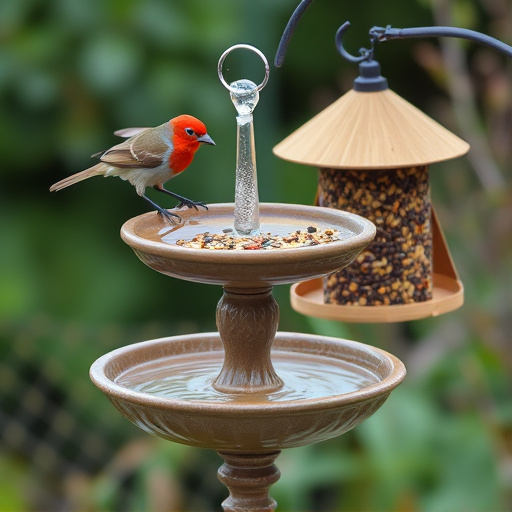 Birdbath beside feeder with seed mix