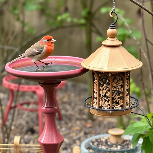 Birdbath beside feeder with seed mix